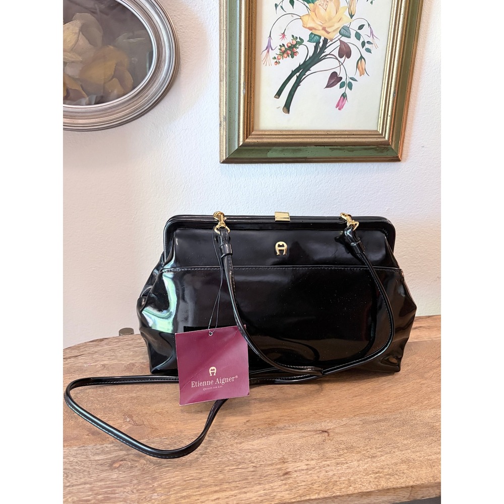 Etienne Aigner Classic Patent Black Frame Handbag Gold Hardware NWT